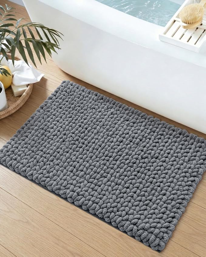 DEXI Bathroom Rugs 36x24, Non Slip Washable Bath Mat, Luxury Chenille Super Absorbent Ultra Thick Bathmats for Shower Floor, Plush Fluffy Shaggy Carpet for Tub, Dark Grey