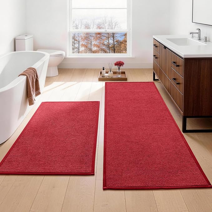 YIHOUSE Long Large Bathroom Rugs Sets 2 Piece, Quick Dry Thin Bath Mat, Non Slip Absorbent Machine Washable, Bath Runner Rug for Tub Sink Home Decor (24"x36" + 24"x59",Red)