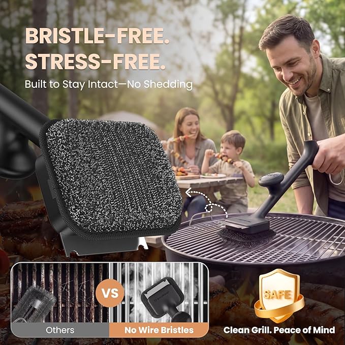 ThermoMaven Bristle-Free BBQ Grill Brush - No Wire Risk Steam Cleaner Removes Burnt Grease Fast - 17" Cool-Touch Handle, Scraper & 3 Replaceable Heads for Gas, Charcoal & Cast Iron