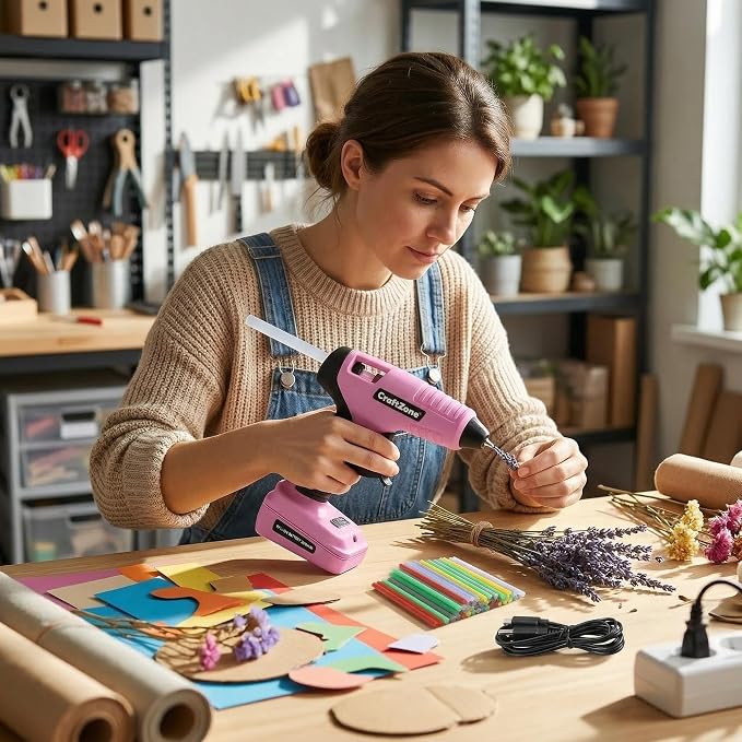 Cordless Hot Glue Gun | 8V Rechargeable Fast Preheating Glue Gun Kit with 50pcs Colorful Glue Sticks | Cordless & Rechargeable Glue Gun with Charger for DIY Art Craft Projects | Pink