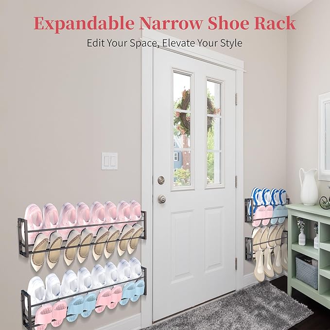 3 Pack Wall Mounted Shoe Rack for Narrow Spaces, Hanging Shoe Rack Holds 24 Pairs, 17"-30"Adjustable Heavy Duty Wall Shoe Storage with 6 Storage Hooks, Space Saving for Closet Entryway Door, Black