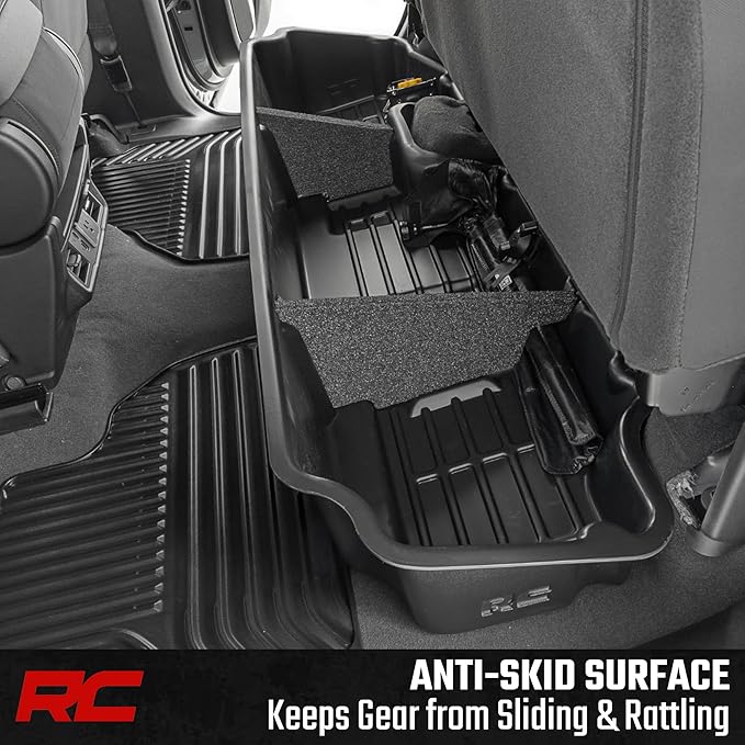 Rough Country Under Seat Storage for Chevy Silverado & GMC Sierra 1500/2500HD/3500HD Double Cab (2019-2026) - Custom Rear Under Seat Organizer Tray Without Lid