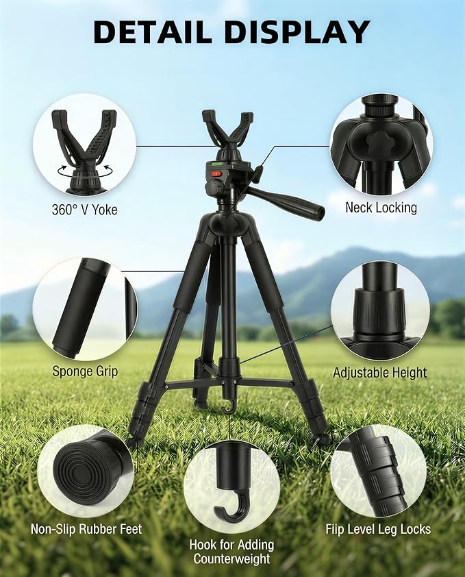 60"~63" Rifle Shooting Tripod, 360° V-Yoke Rest, 3D Pan Head for Hunting | 2.6lb Lightweight, Folds to 18". 360° V-yoke, 3/8 Thread, 1/4" QR Plate. Rubber feet, Wind Hook, Carry Bag, for Crossbow