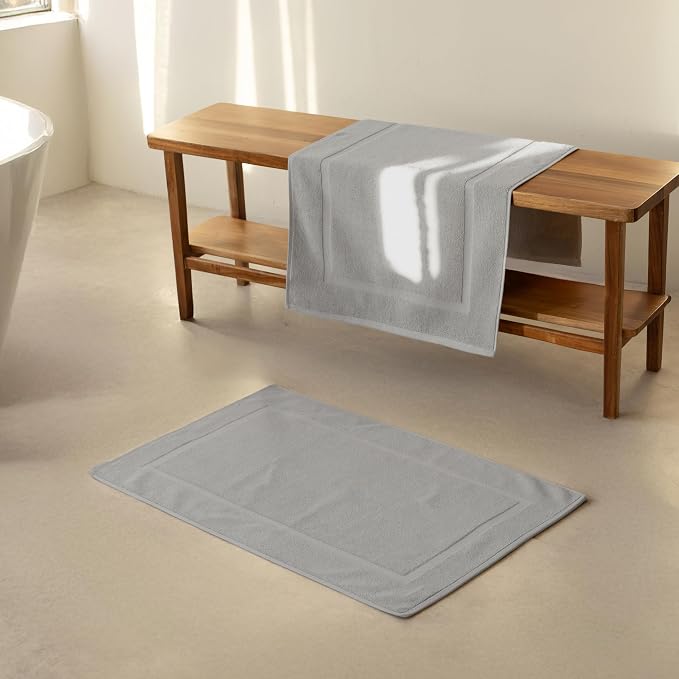 SALBAKOS 2-Piece 100% Turkish Cotton Bath Mat Towel, 20x34 inch, Silver | Bathroom Floor Towels, Thick Soft Most Absorbent Quick-Dry Durable Large Size Foot Rug, Premium Hotel Quality Made in Turkey