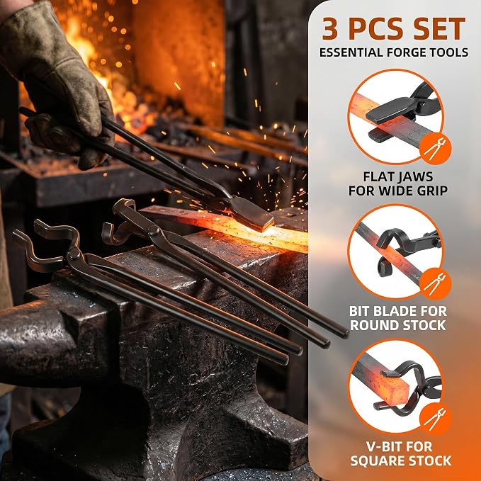 Blacksmith Tongs Set 3 Pcs Flat, Wolf Jaw Bolt, Heavy Duty Forged Steel | Heat Treated Forging Tongs for Knife Making & Bladesmithing,Heavy Duty Steel Gripping Tool for Farriers,Welding,Metal Smith