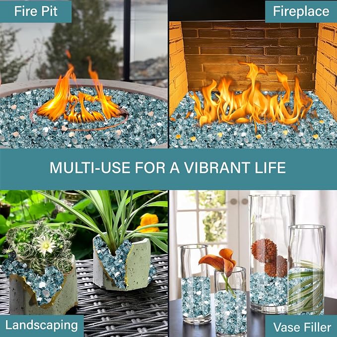 NUPICK 10 Pound Fire Glass, 1/4 Inch Reflective Fire Pit Glass | Tempered Fire Pit Rocks for Propane or Natural Gas, Glass Rocks for Fire Pit Table, Fireplace, Fire Bowl, Pacific Blue