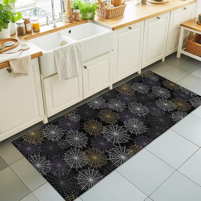 Hallway Runner Rug 2'x6', Black Halloween Washable Bathroom Area Rugs for Kitchen Bedroom Laundry, Purple White Yellow Net Classic Black Non Slip Door Mat Indoor Entrance Floor Throw Bedsides Carpet