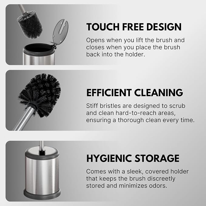 ToiletTree Products Toilet Brush with Lid - Sleek Toilet Bowl Brush and Holder - Toilet Scrubber Brush Set with Heavy-Weight Base - Lidded Toilet Bowl Cleaner Brush and Holder - Chrome