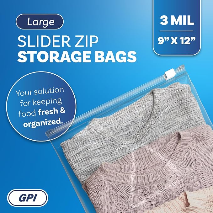 GPI - Slider Zip Food Storage Bags, 9" x 12" 3 Mil Heavy Duty, Strong & Durable For Freezer Storage, 200 Count