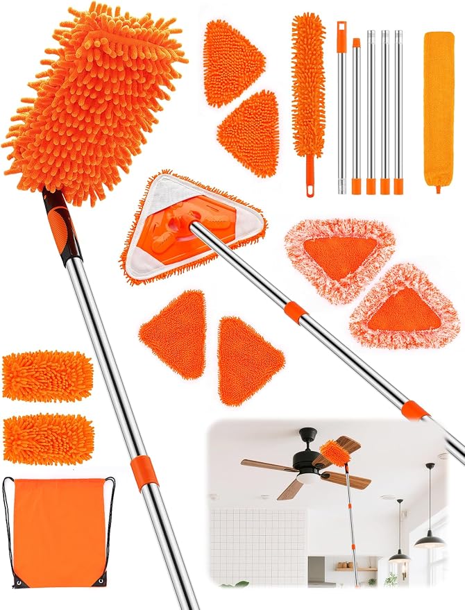 Ceiling Fan Cleaner Duster with 76" Extendable Long Handle,180° Wall Mop Cleaner for Walls/Ceiling Fans/Dust/Baseboards/Floors/Blade Blinds/dDoors Clean,Feather Duster Cleaning Kit