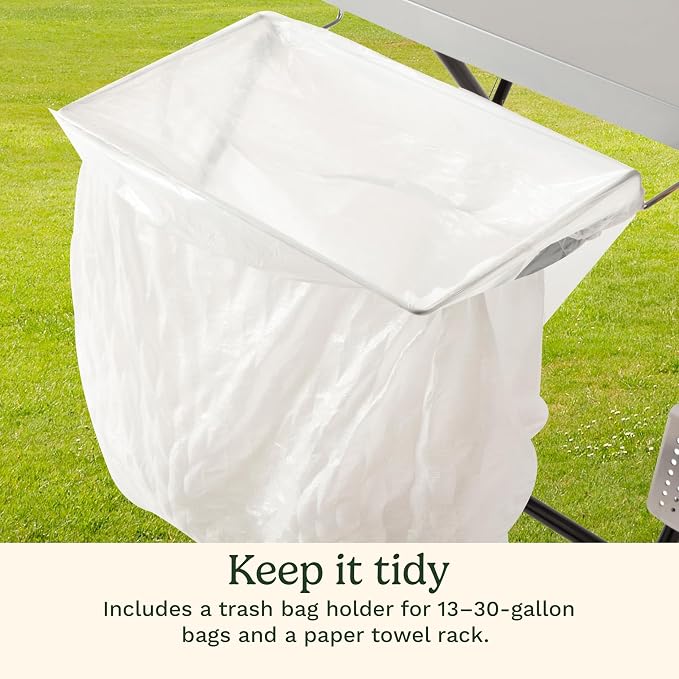 Cuisinart Fold ‘n Go Prep Table, Portable Folding Table and Grill Stand with Tool Hooks, Trash Bag Holder, Paper Towel Rack, 24” x 20” Steel Food Prep Station Perfect for BBQs, Tailgates and Camping