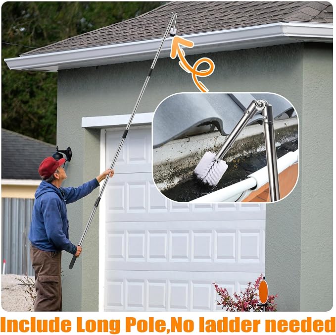 Gutter Cleaning Tools from The Ground, 6.4FT Gutter Scoop with Extension Pole & Gutter Cleaning Brush – Clean Gutters Safely, Easily Remove Leaves & Debris (Silvery)