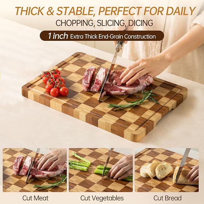 Bamboo Cutting Boards for Kitchen, End Grain Wood Cutting Board with Juice Grooves & Handles, Charcuterie Checkered Chopping Board Thick Butcher Block Serving Tray with Gift Box, 16.5"×11.6"× 1"
