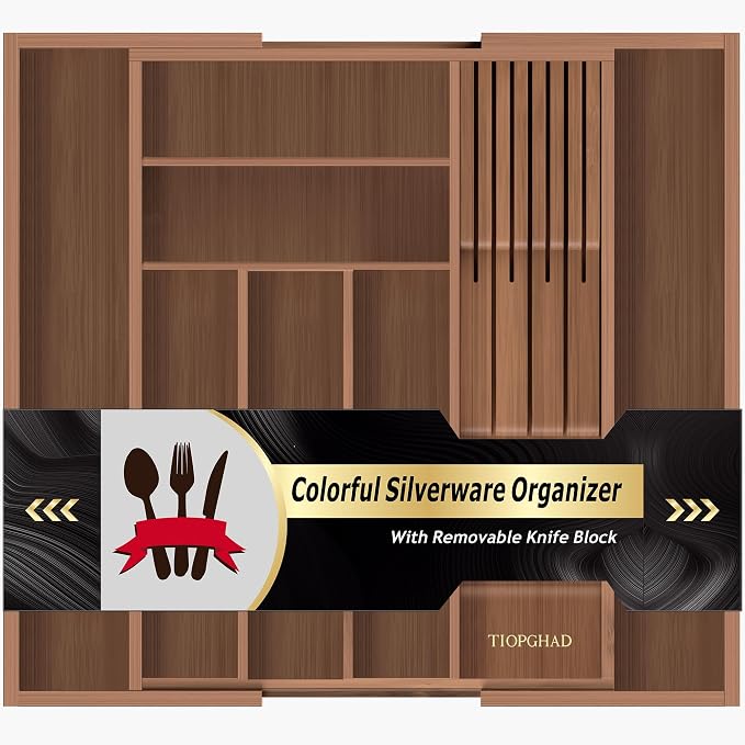 TIOPGHAD Bamboo-Silverware-Drawer-Organizer-Kitchen, Expandable Utensil Holder Cutlery Tray Flatware Organization Adjustable Wood Tableware Dividers Storage (with Removable Knife Block)(Brown)