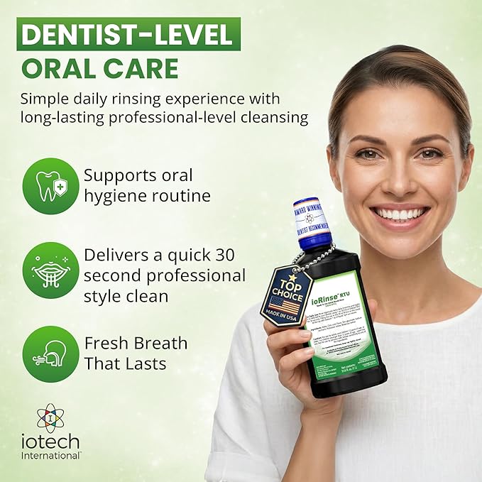 ioRinse Ready-to-Use (RTU) Mouthwash for Fresher Breath, Halitosis Relief, Alcohol-Free, Fluoride-Free and a Professional Clean, Original ioRinse RTU Mouth Wash, Zero Alcohol - Green Apple Flavor, 1L