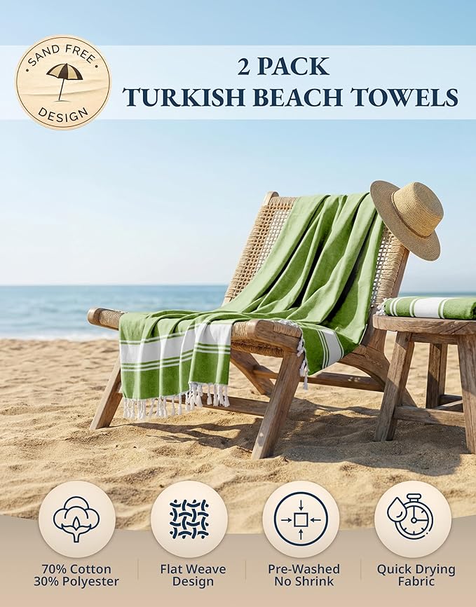 LANE LINEN Turkish Beach Towel 2 Pack, Super Absorbent, Durable - Jade Lime | Oversized Beach Towel 39"x71" - Lightweight Beach Essentials for Women - Large Pool Towel, Absorbent & Quick Dry, Great Gift
