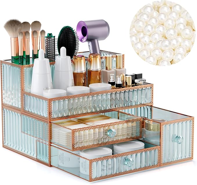 Youdepot Makeup Organizer Countertop - Tempered Glass Vanity Organizer for Cosmetics, Skincare, Hair Tools, Brushes, Perfume - Multipurpose Bathroom Counter Skincare Organizer