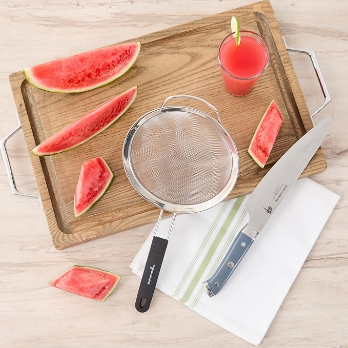 Restaurantware Fine Mesh Strainer 1 Count 14.4" x 7" x 2.9" with Silicone Handle Stainless Steel Extra Fine Mesh Strainer Heat-Resistant Handle Dishwasher-Safe for Rice, Quinoa, Pasta