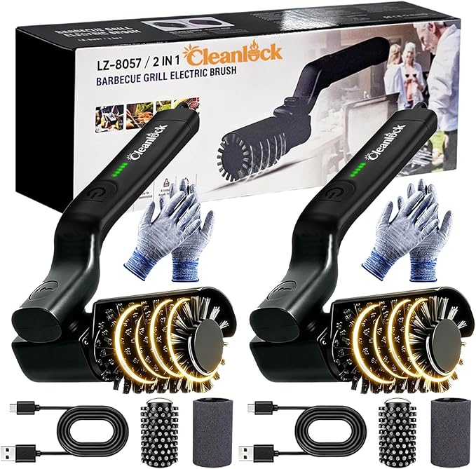 Electric Grill Brush, Cordless BBQ Grill Cleaner with 3-Speed High Torque Motor,Burnt Grease,Adjustable Angle Rotary Head,150 Min Runtime,Waterproof,Safe for Porcelain & Cast Iron (2, Grill Brush)