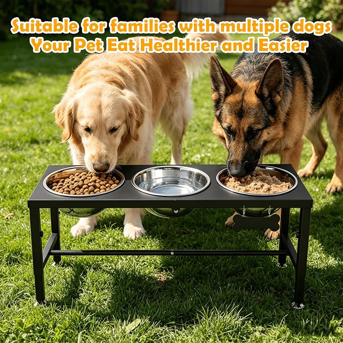 Extra Large Elevated Dog Bowls, 4 Adjustable Height with Three 101oz/3000ml Large Stainless Steel Bowls and Splash pad, Raised Dog Bowl Stand for Large and Extra Large Breeds