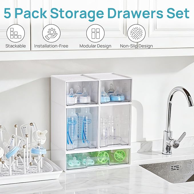 Vtopmart Stackable Storage Drawers Set of 5, Plastic Organizer Bins for Baby Bottle, Beauty Supplies Storage, Ideal for Kichen Countertop, Vanity, Bathroom, Cabinet, Pantry Organization,White