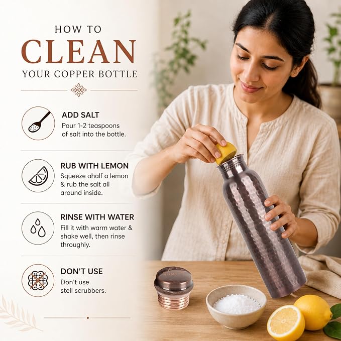 Alpha Living Home Copper Water Bottle 34 Oz Extra Large, Real Water Bottle, Pure Copper Drinking Bottle, Antique Hammered Ayurvedic Bottle for Drinking Water, Leak Proof Cap with Cleaning Brush