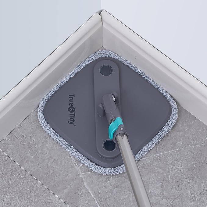 Spin Mop and Bucket with Separate Compartments for Clean and Dirty Water NEW 2025 Upgraded Version w/Side Brush and Self Standing Handle, Smart Square Mop w/ 2 Machine Washable Microfiber Pads, Gray