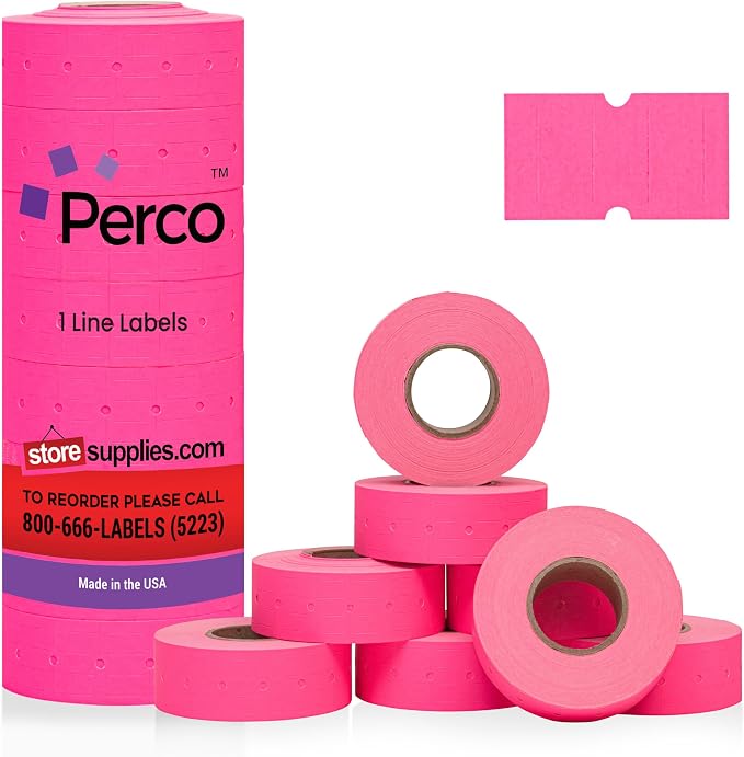 Perco 1 Line Fluorescent Pink Labels - 8,000 Blank Price and Date Gun Labels for Perco Lite, X, Plus and Pro 1 Line Price and Date Guns - 8 Rolls, 1 Sleeve - Made in USA