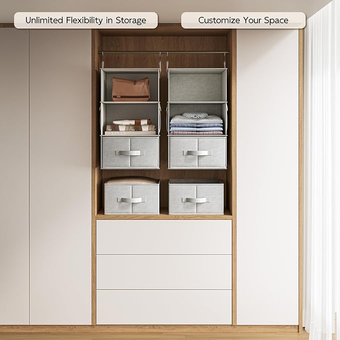 Vailando 3-Shelf Hanging Closet Organizer, Set of 2 Hanging Shelves with 2 Drawers for Wardrobe, Nursery, Baby Clothes Storage and Organization, Silver Gray