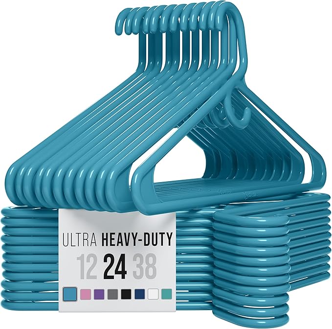 NEATERIZE Thick Heavy Duty Hangers - Blue Plastic Clothes Hangers 24 Pack - Great for Coat Hanger, Jackets Jeans & Suit Hanger for Closet - New Apartment Essentials Percheros Ganchos para Colgar Ropa
