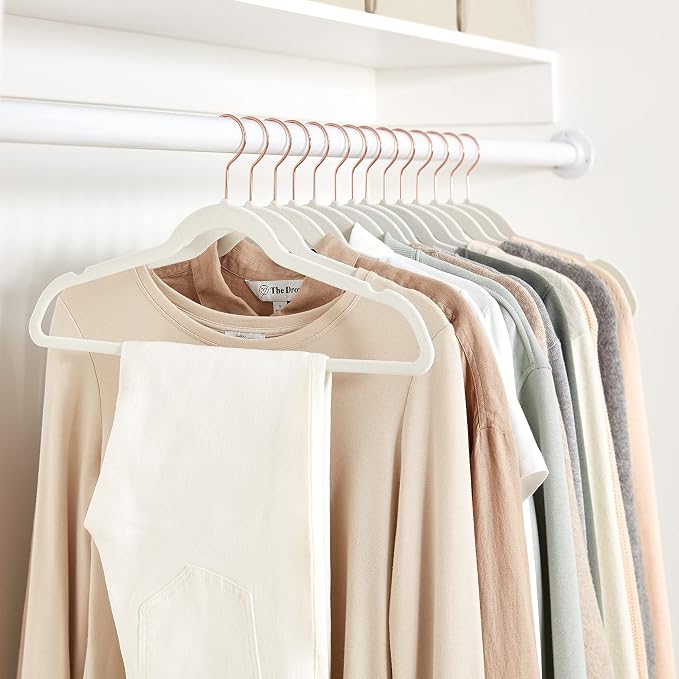 Amazon Basics Slim Velvet Non-Slip Space Saving Suit Clothes Hangers for Closet Organization, Ivory/Rose Gold, 100-Pack