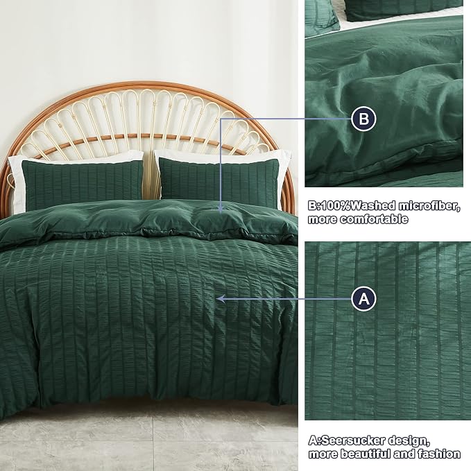 AveLom Dark Green Seersucker Duvet Cover Set Queen Size (90 x 90 inches), 3 Pieces (1 Duvet Cover + 2 Pillow Cases), Ultra Soft Washed Microfiber, Textured Duvet Cover with Zipper Closure, Corner Ties