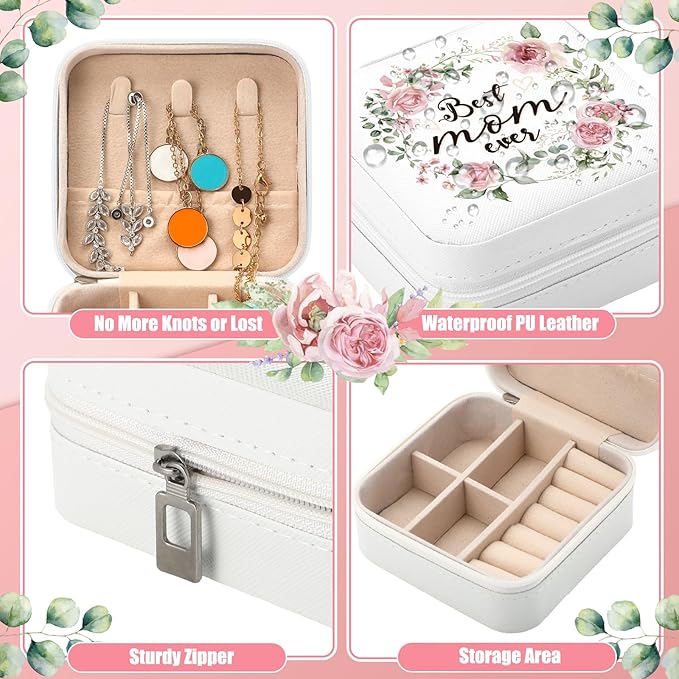Kacctyen 12 Pieces Best Mom Ever Mini Travel Jewelry Case Bulk Mother's Day Church Gifts Watercolor Flowers Women Party Favor Gift for Secretary Girls Leather Travel Jewelry Case