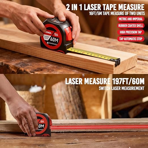 SENDA 3-in-1 Laser Tape Measure - 197Ft Rechargeable Laser Measuring Tape with Led Display & 16Ft Measuring Tool with Magnetic Hook & Auto Lock -20 Data Sets,Pythagorean/Area/Volume,Ft/Ft+in/in/M Unit