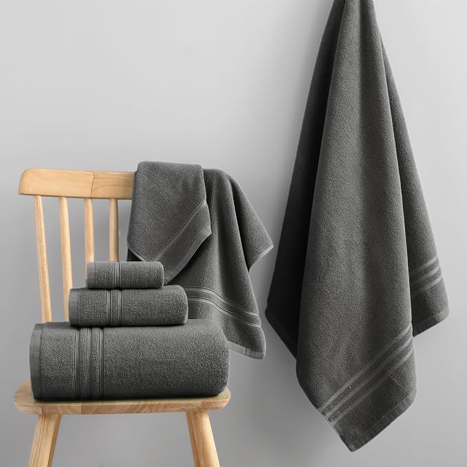 REDKISS Dark Gray Towels Set 6 Piece Cotton Towel Sets with 2 Bath Towels, 2 Hand, 2 Washcloths, 650GSM Hotel Quality, Soft, Highly Absorbent Towels for Bathroom Gym, Ideal Everyday Use