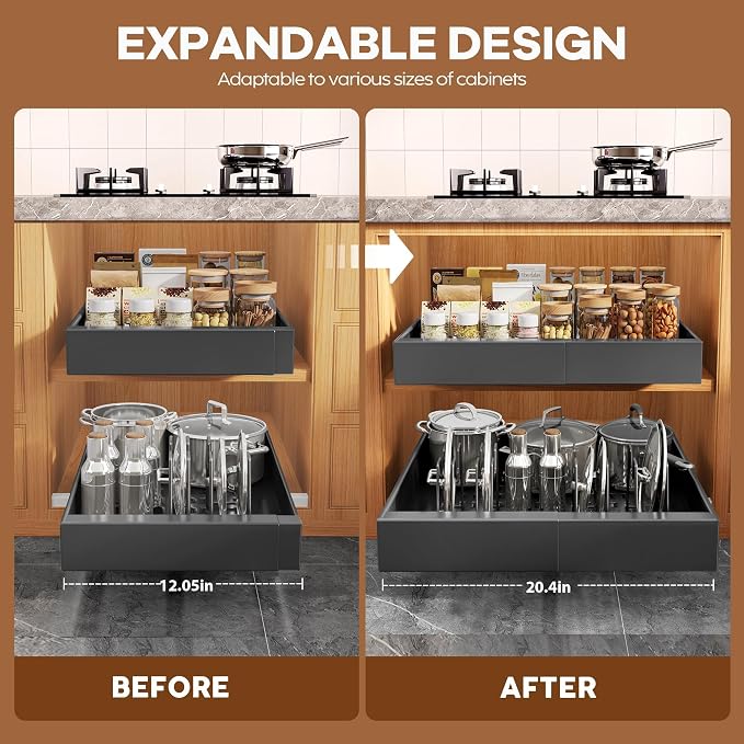 Seinloes 6Pack Expandable Pull Out Cabinet Organizer 21"Deep with Raising Pad for Framed Cabinets,Slide Out Drawers with 4pcs Divider Racks,Roll Out Shelves Adhesive,Adjustable Width 12.05"-20.4"Black