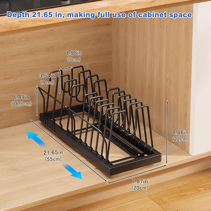 Mustorn 2 Pack Pots and Pans Organizer Under Cabinet, 21.6" Deep Pull Out Pot Lid Organizer Holder with Guardrail Adhesive Pot and Pan Holder Rack with 10 Adjustable Dividers(Black)