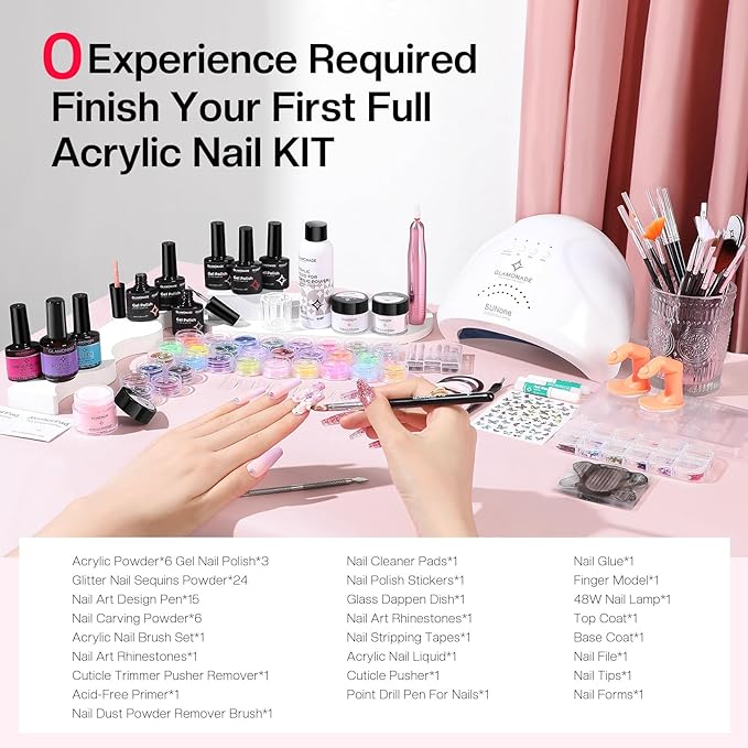 Glamonade Acrylic Nail Kit for Beginners: 0 Experience Needed to Complete Acrylic Nail Starter Kit with 48W Nail Lamp & Drill for Home DIY Manicure