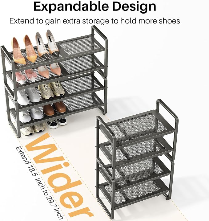 SNTD Shoe Rack - Expandable Shoe Organizer for Closet, Adjustable Metal Shoe Shelf Storage, Stackable Long Shoe Stand Holder for Garage, Entryway, Door Entrance (Grey, 4-Tier)