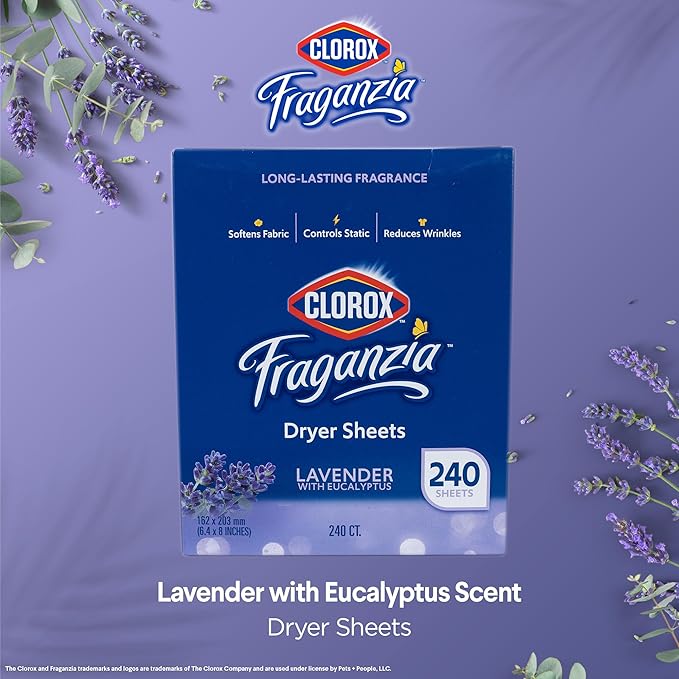 Clorox Fraganzia Fabric Softener Dryer Sheets Wrinkle Reducing Anti Static Softens Fabrics Fresh Lavender with Eucalyptus Scent 240 Count Single Box for Home Dorm and Laundry Room Everyday Use