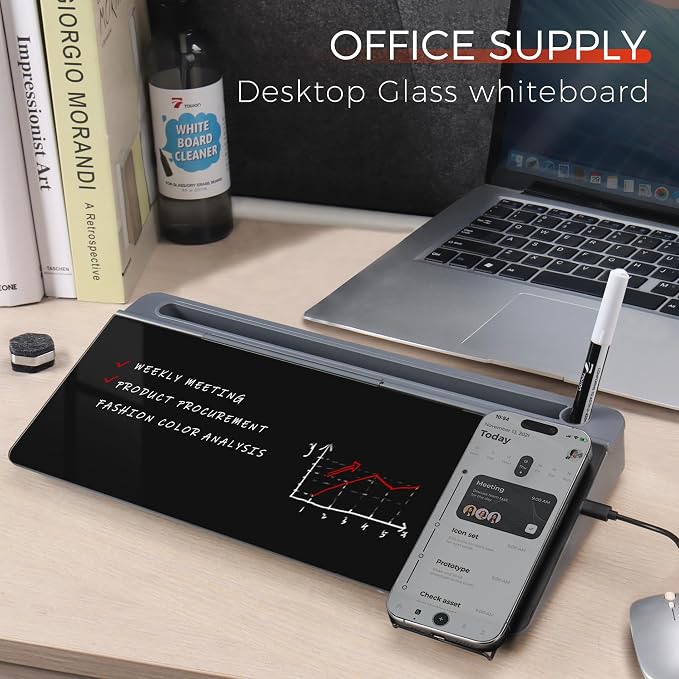 TOWON Glass Desk Whiteboard with Wireless Charger, Desktop Dry Erase Board with Storage & Phone Stand – Compact ~16 x 7 in, Black – Includes Marker & Eraser, Tempered Glass, Rewrite Reusable