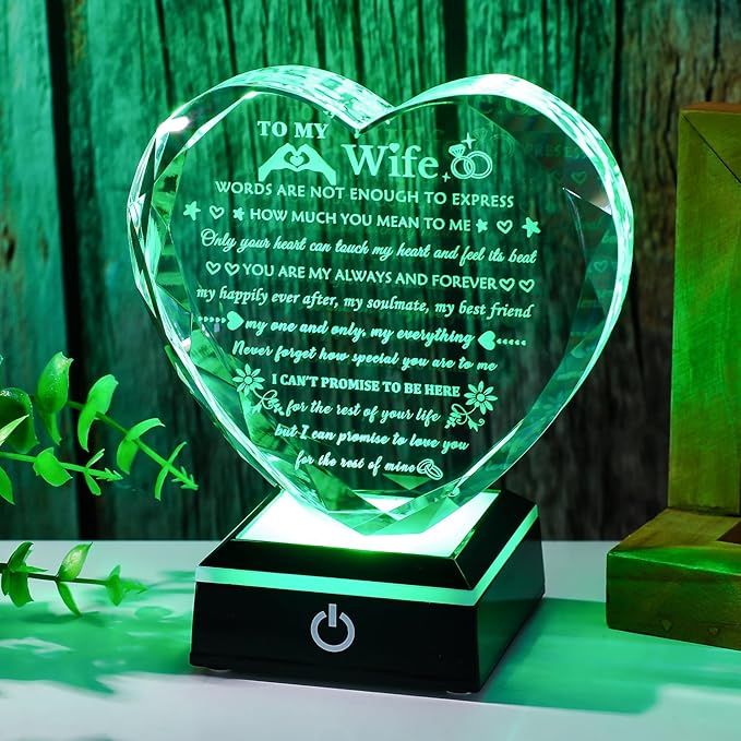 Arikyrist Romantic Wife Gifts from Husband with Colorful LED Base Anniversary Birthday Gift for Wife Crystal Keepsake I Love You Gifts for Her on Mothers Day Valentine Christmas