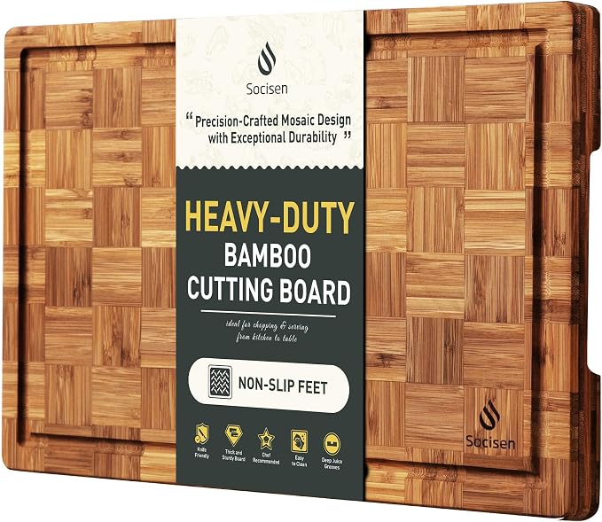 Bamboo Cutting Board 17'' Wood Cutting Boards for Kitchen Wooden Non Toxic | Heavy Duty, Solid & Durable, Juice Groove, Chopping Board, End Grain, Smart Flexible High Rank Stainless Steel Titanium