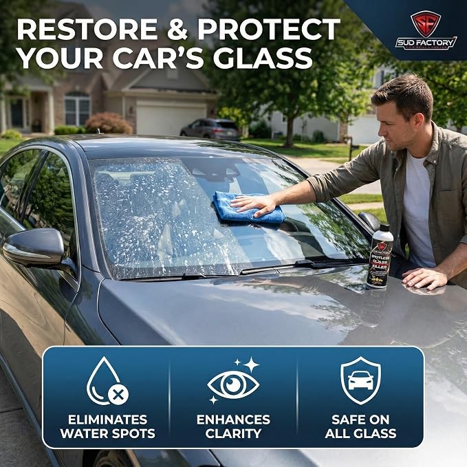 Sud Factory Hard Water Spot Remover for Glass Spotless X2 - Removes Water Stains from Shower Doors, Car Windows, Windshields - Professional Strength 16oz