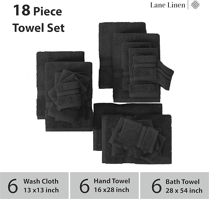 LANE LINEN Bath Towel Set of 18 – Premium 100% Cotton, 6 Bath, 6 Hand & 6 Washcloth, Zero Twist Hotel Collection Towels Soft, Gentle on Body, Absorbent & Ideal for Everyday Use – Black