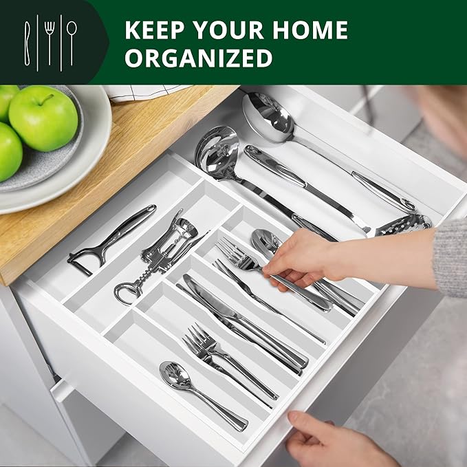 Luxury Bamboo Kitchen Drawer Organizer - Silverware Organizer - Utensil Holder and Cutlery Tray with Grooved Drawer Dividers for Flatware and Kitchen Utensils (7 Slot, White)