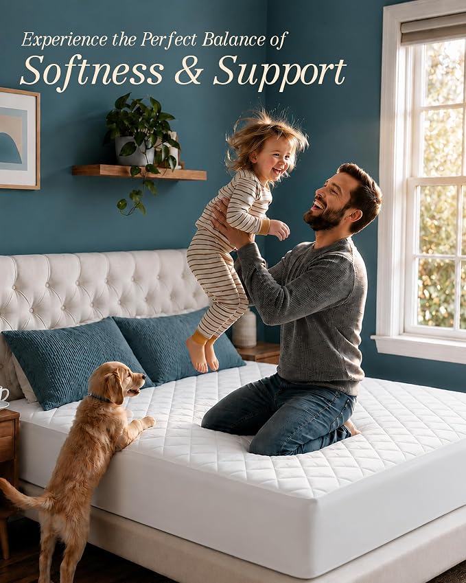Quilted Fitted Mattress Pad, Queen Mattress Protector Topper with Deep Pocket Stretches up to 16 Inches, Machine Washable Mattress Cover by Utopia Bedding (White)