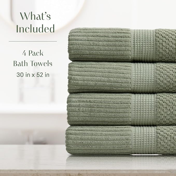 Springtree Home 100% Cotton Bath Towel Set | 4-Pack | Textured | Green | Absorbent & Quick-Dry Bathroom Towels | Textured and Durable Cotton Towels for Bathroom | OEKO-TEX | Krista Collection