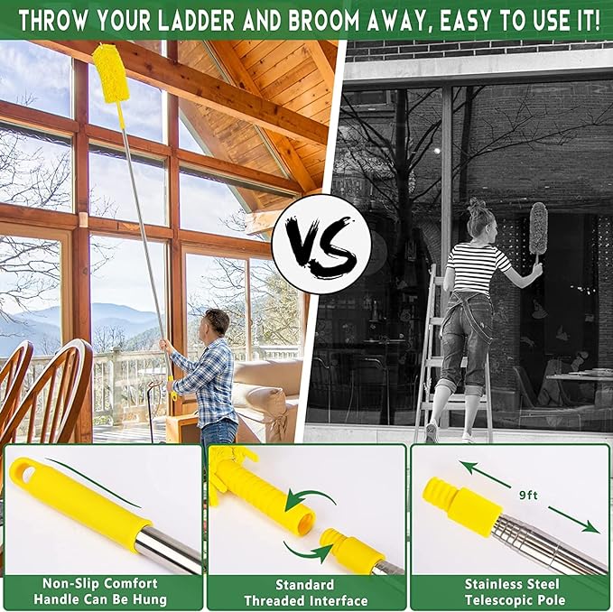 17FT Extendable Duster with 2-9 ft Extension Pole for High Ceilings, Newliton Cobweb Duster for Ceiling Fans Hard-to-Reach Areas, Long Handle Microfiber Dusting Tool for Home Cleaning