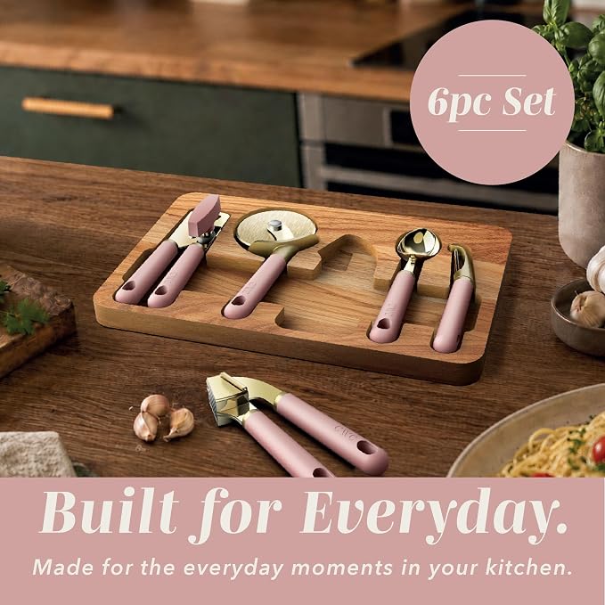 COOK WITH COLOR 6-Piece Kitchen Tool Set with Acacia Wood Cutting Board, Can Opener, Pizza Cutter, Garlic Press, Scoop & Peeler, Pink